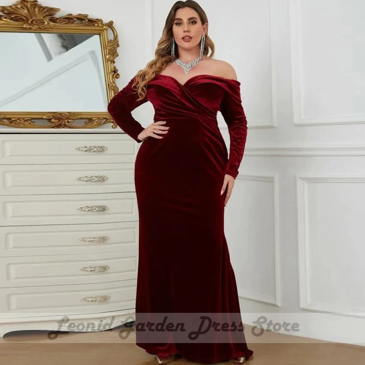 Abiti da sera a sirena in velluto bordeaux per le donne Sweep Train Sweetheart manica lunga con spalle scoperte abiti da ballo a