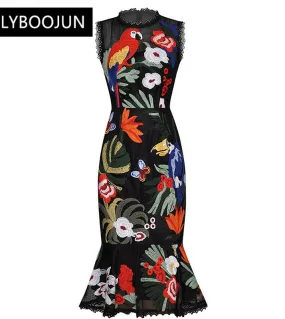 Abiti eleganti per le donne 2022 Designer di lusso da sera senza maniche scava fuori fiore pappagallo ricamo sirena nera Dre