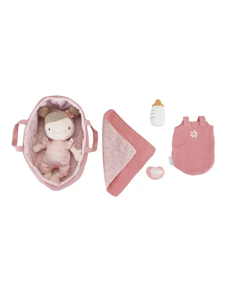 Bambola in stoffa con set biberon, ciuccio e portaenfant Rosa Little Pink Flowers