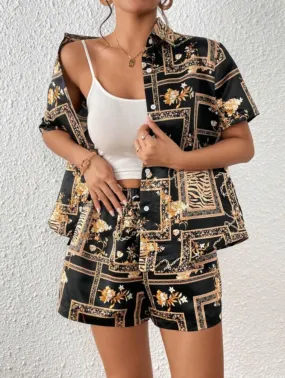 Completo Donna Camicia Colletto Mezza Manica Bottoni Shorts Stampa Bicolore Casual