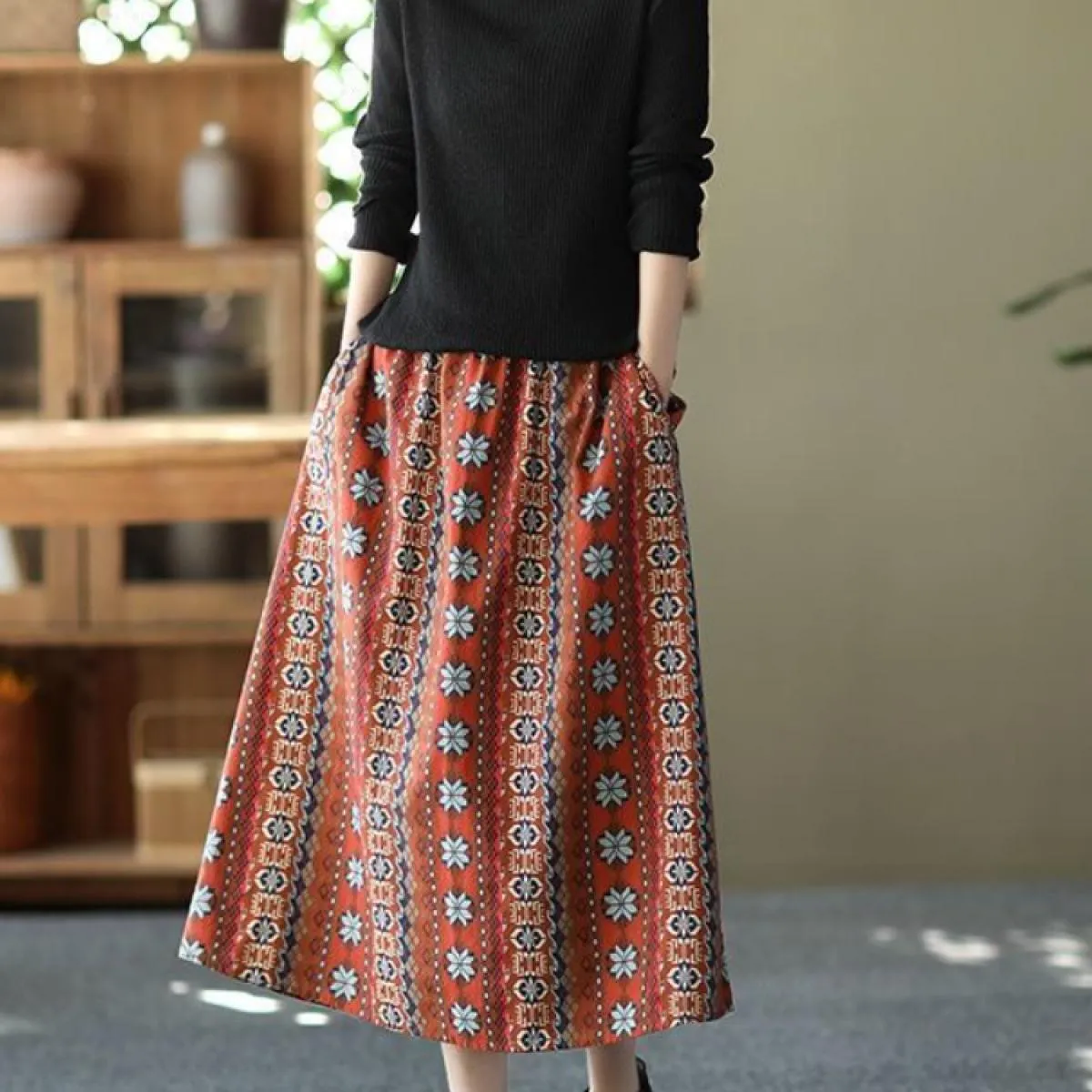 Gonne Donna Fantasia geometrica Speciale Indie Folk Vintage Basic Tutti gli abbinamenti Tempo libero Traspirante Accogliente Cre