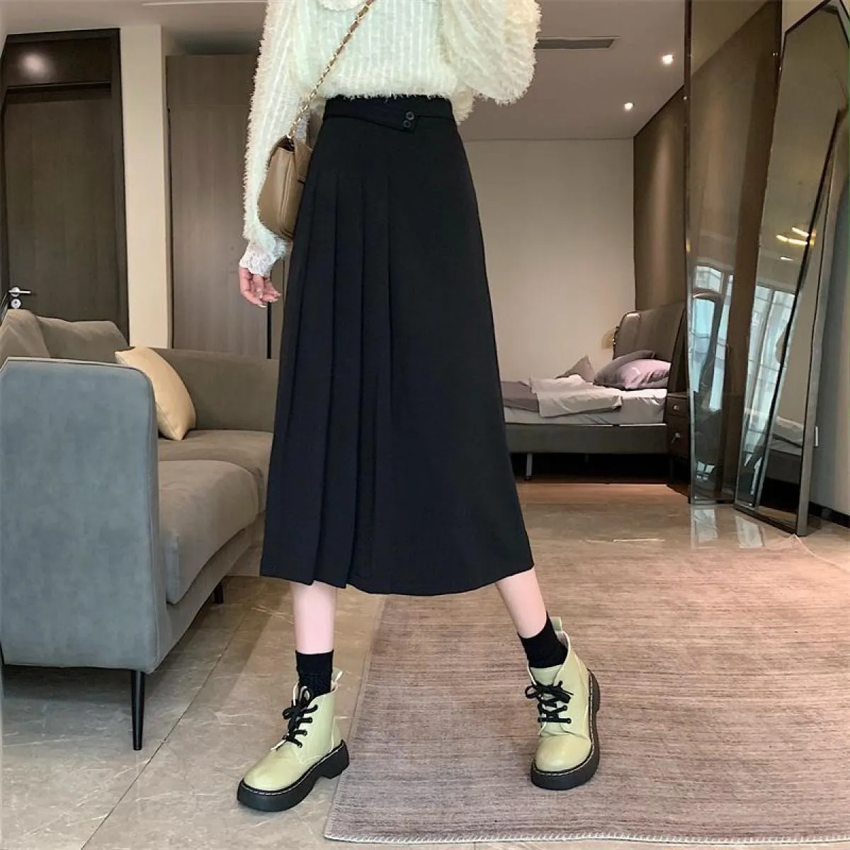 Gonne Donna Linea A Elegante Vita alta Pieghe solide Minimalista Tutte le partite Moda Casual Stile tenero Donna Nuovo Ins Autu