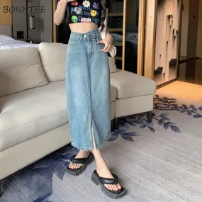 Gonne Donna Metà polpaccio Harajuku Irregolare Solido Slim Linea A Denim Basic Vintage Feminino Impero Tutti abbinati Street Sty