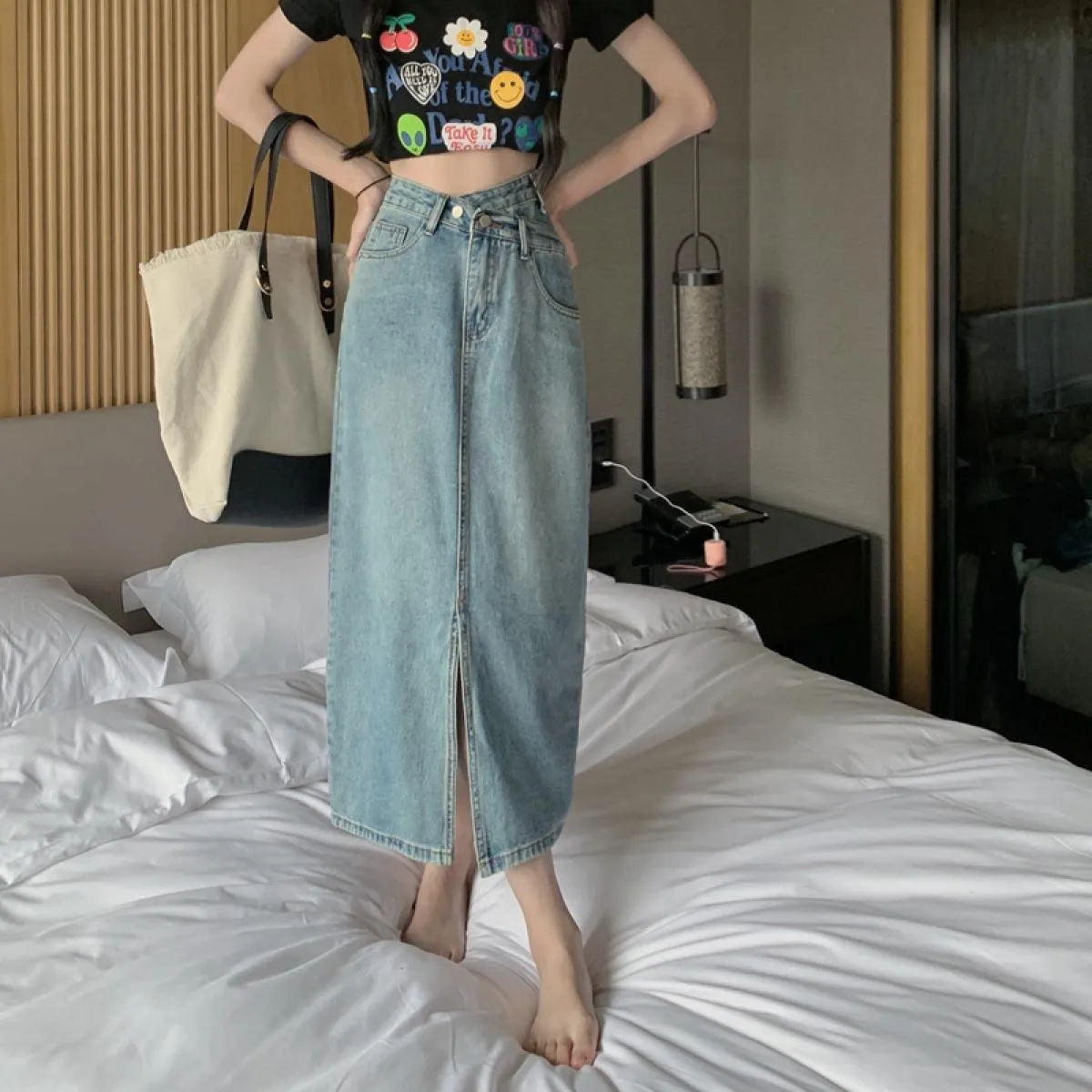 Gonne Donna Metà polpaccio Harajuku Irregolare Solido Slim Linea A Denim Basic Vintage Feminino Impero Tutti abbinati Street Sty
