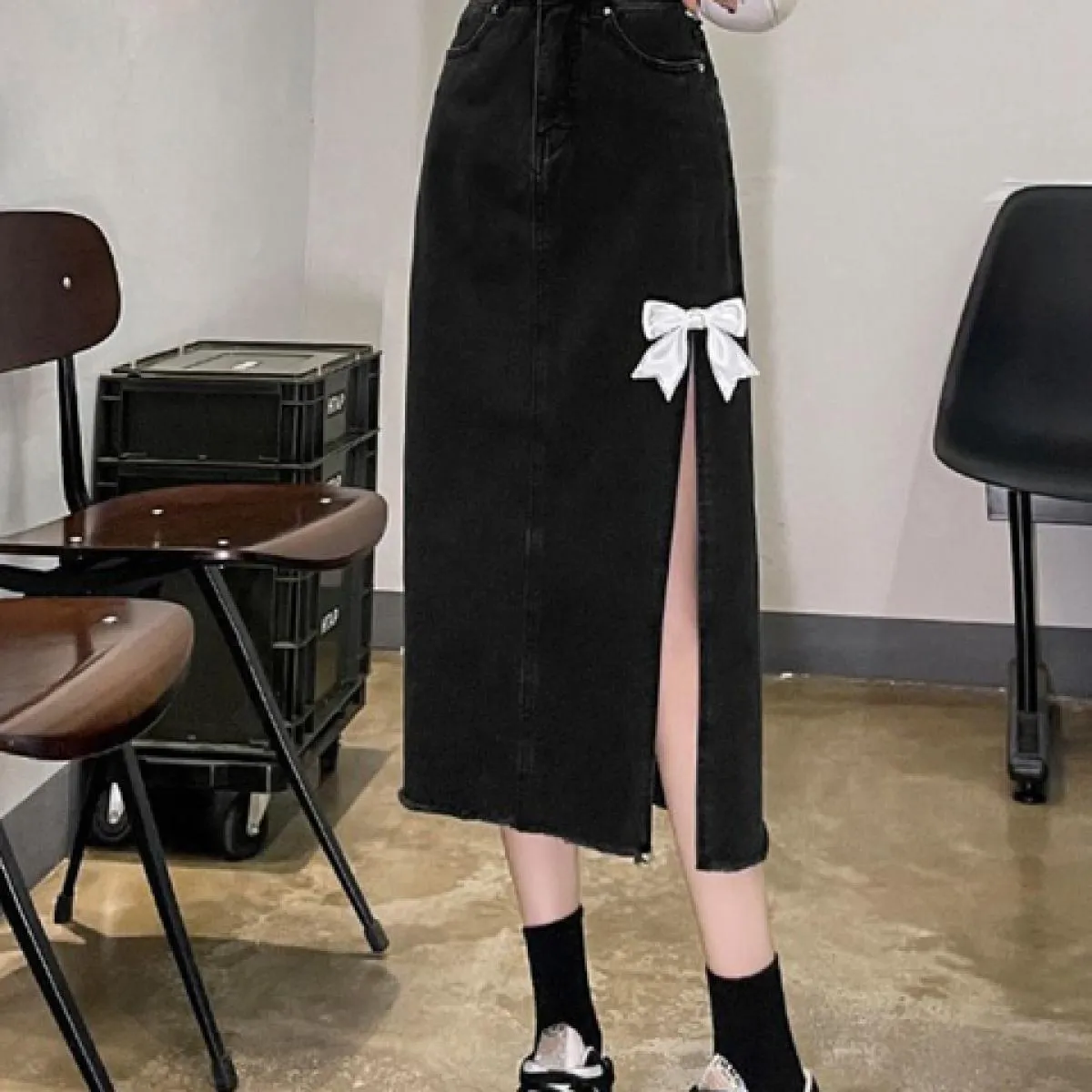 Gonne Donna Vita alta Spacco laterale Una linea Nuovo design di arrivo Metà polpaccio Abbigliamento Denim Fiocco Moda Vacanza Se