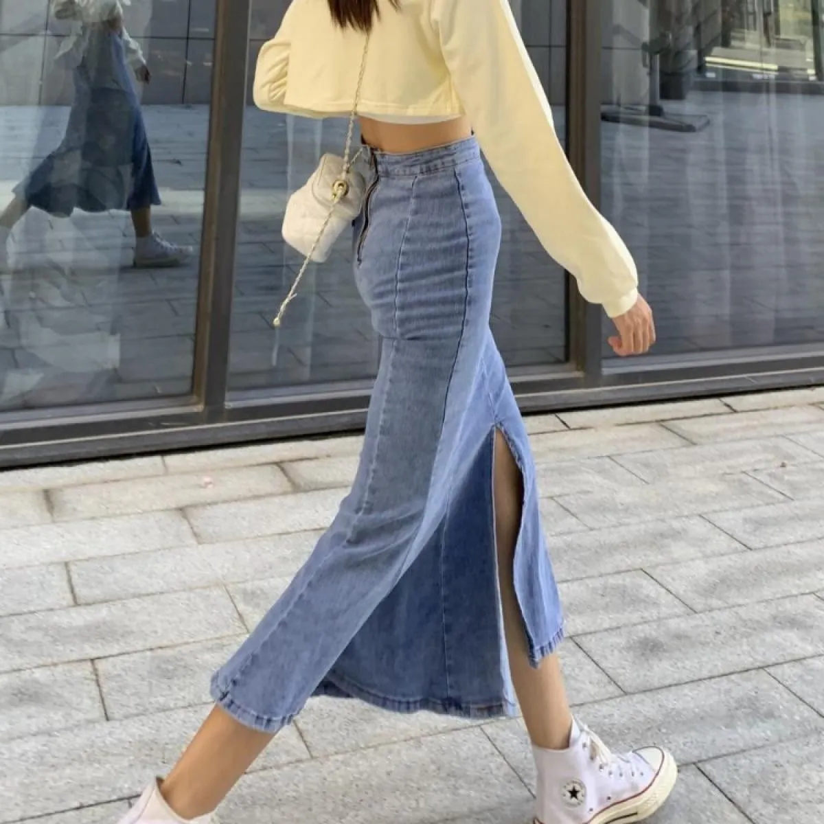 Gonne midi a tromba in denim Donna Slim Elegante Office Lady Slit Design Chic Streetwear Vintage Accogliente New Spring Trendy F