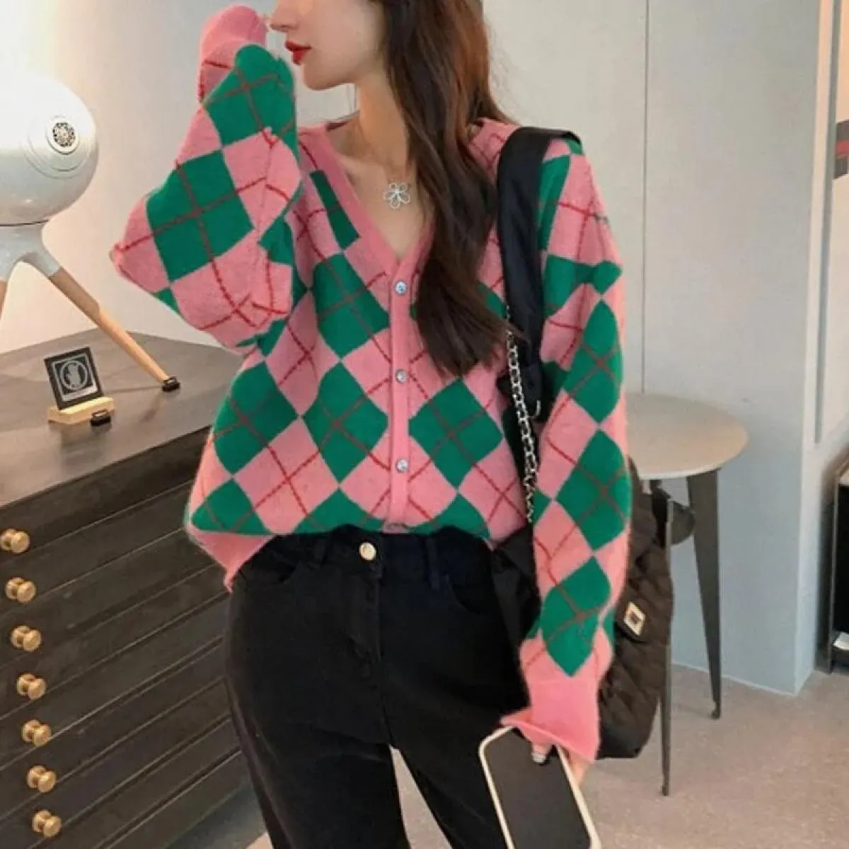 Maglioni per donna Autunno nuovo scollo a V romboidale colore coordinato moda cardigan lavorato a maglia sottile cappotto casual