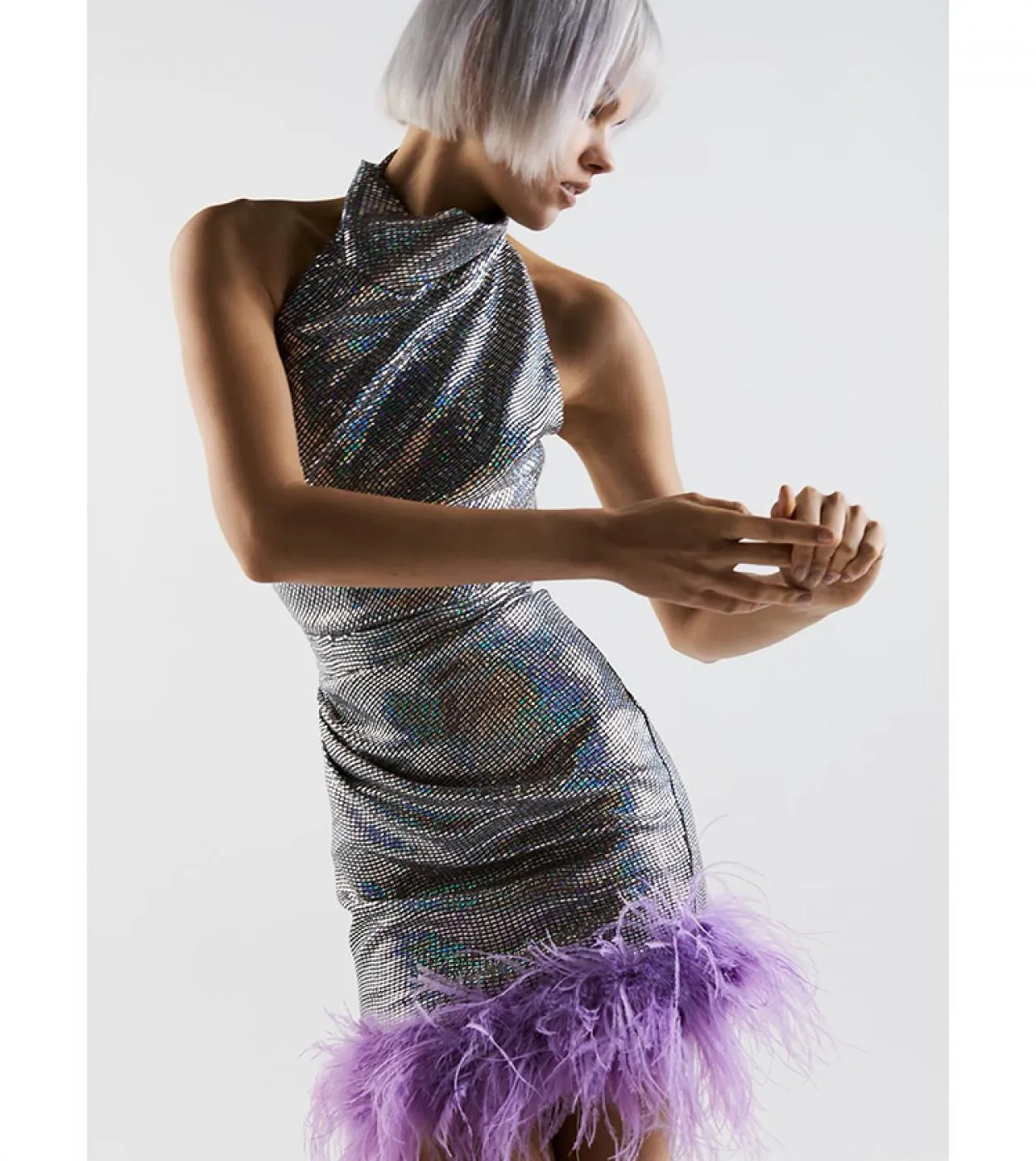 Mini abito sottile con paillettes di piume con scollo allamericana Elegante abito aderente senza schienale con paillettes scint