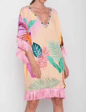 Miriam Stella     Mini Abito con Foglie Esotiche Rosa