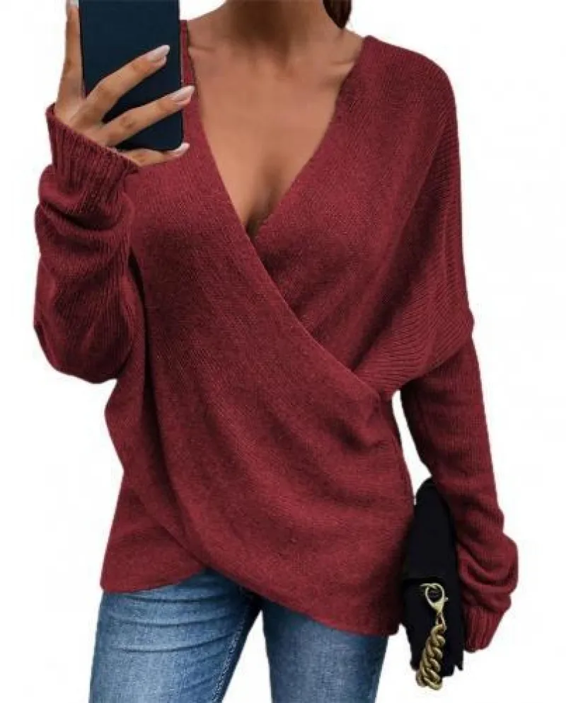 Pullover Maglioni Donna Maglia Top profondo scollo a V manica lunga lavorato a maglia Au